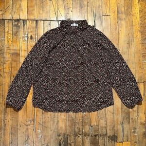 Pleione Blouse Top Women's Large Black Ditsy Print Long Sleeve Collared Pullover